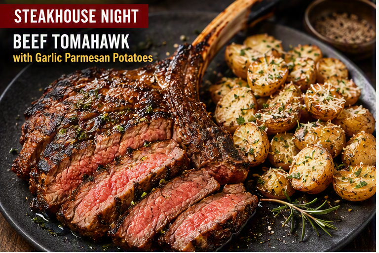 Steakhouse Beef Tomahawk with Garlic Parmesan Potatoes